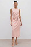 Orange Midi Bateau Neck Sleeveless Ruched Pencil Work Dress with Slit
