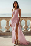 Champagne Chiffon Ruched One Shoulder Beach Maxi Engagement Dress with Slit