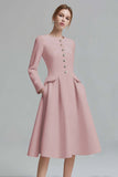 Tweed Ivory Long Sleeves A Line Midi Date Night Dress with Pockets