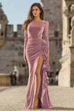 Caramel Velvet Ruffled Mermaid Long Holiday Party Dress with Slit