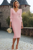 Midi Ivory V-Neck Bodycon Engagement Dress with Sleeves