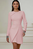 Short Ivory Pencil Pleated Round Neck Work Dress with Sleeves