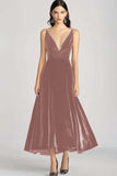 Burgundy V-Neck Velvet A Line Formal Dress