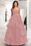 Black Ball Gown Tulle Tiered Strapless A Line Prom Dress