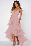 Dusty Rose A Line V-Neck Long Chiffon Formal Dress with Ruffles