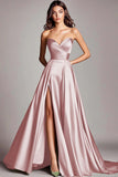 A Line Dusty Blue Strapless Sweetheart Maxi Prom Dress with Slit
