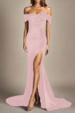 Black Off the Shoulder Mermaid Floor Length Formal Dress with Slit
