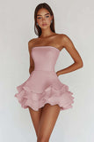 Satin White A Line Strapless Tiered Mini Graduation Dress with Ruffles