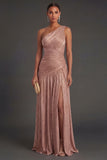 One Shoulder Gold Sheath Ruched Long Formal Dress with Slit