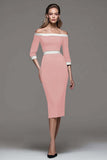 Black and White Patchwork Off the Shoulder Pencil Midi Work Dress with Sleeves