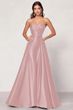 Plum A Line Strapless Satin Maxi Prom Dress