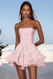 Dusty Rose Ruched Short Graduation Dress with Ruffles