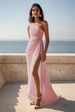 Chiffon One Shoulder Ruched Ivory Maxi Rehearsal Dinner Dress with Slit