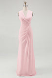 White Sheath V-Neck Ruched Maxi Chiffon Rehearsal Dinner Dress