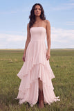 White Strapless A Line Swep Train Tiered Western Wedding Dress with Ruffles