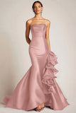 Strapless Satin Mermaid Long Black Tie Dress with Ruffles