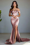 Dusty Rose Off the Shoulder Mermaid Elegant Maxi Prom Dress with Slit
