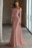 Ivory Satin Sweep Train Ruched Off the Shoulder Wedding Dress with Sleeves