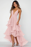 Red V-Neck A Line Long Chiffon Formal Dress with Ruffles