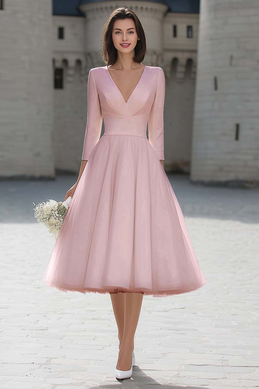 Leely Women Simple Ivory Tulle Midi Wedding Dress with Sleeves V-Neck A Line Bridal Shower Dress leelyuk Leely Women Simple Ivory Tulle Midi Wedding Dress with Sleeves V-Neck A Line Bridal Shower Dress leelyuk