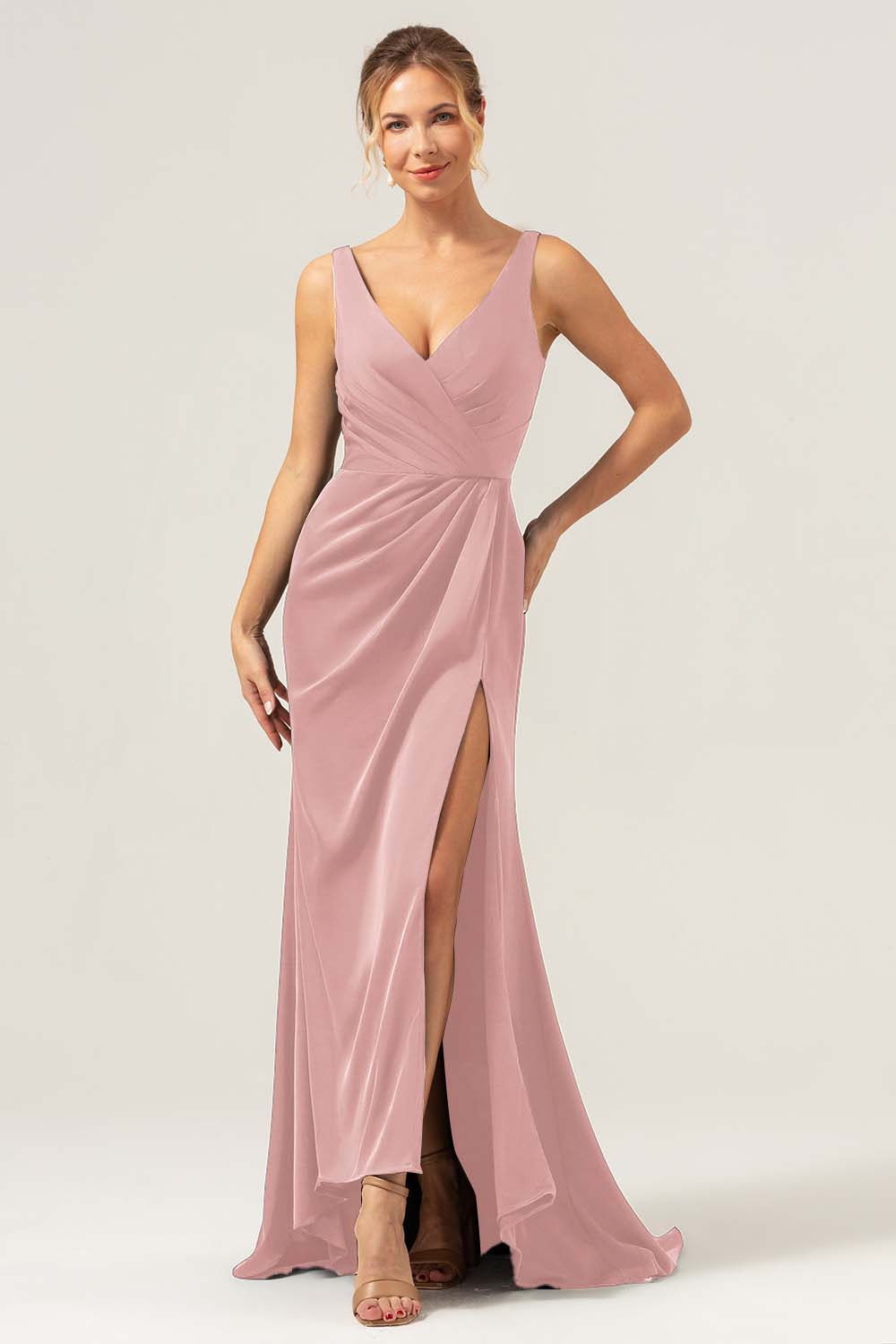 Leely Women Dark Green V-Neck Satin Mermaid Bridesmaid Dress with Slit Pleated Floor-Length Wedding Party Dress leelyuk Leely Women Dark Green V-Neck Satin Mermaid Bridesmaid Dress with Slit Pleated Floor-Length Wedding Party Dress leelyuk
