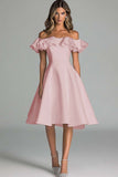 Dusty Rose Satin A Line Off the Shoulder Midi Graduation Dress with Ruffles
