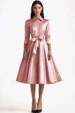 3/4 Sleeves A-Line Dusty Sage Knee Length Formal Dress with Sash