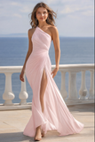 Ivory Ruched One Shoulder Chiffon Maxi Engagement Dress with Slit