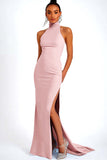 Dark Navy Satin Sheath High Neck Long Wedding Guest Dress with Slit
