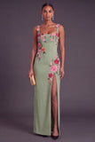 Black Floral Sheath Thick Straps Long Wedding Guest Dress with Slit