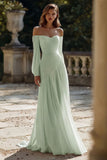 Simple Ivory Chiffon Sweep Train Ruched Wedding Dress with Sleeves