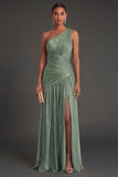 One Shoulder Gold Sheath Ruched Long Formal Dress with Slit