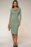Navy Bodycon Cowl Neck Long Sleeves Midi Work Dress