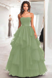 Black Ball Gown Tulle Tiered Strapless A Line Prom Dress
