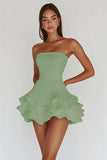 Sky Blue Satin A Line Tiered Strapless Mini Graduation Dress with Ruffles