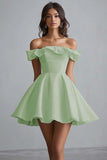 Dusty Blue A Line Off the Shoulder Satin Short Graduation Dress with Ruffles