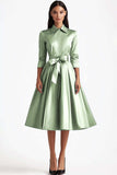 3/4 Sleeves A-Line Dusty Sage Knee Length Formal Dress with Sash