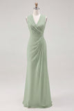 White Sheath V-Neck Ruched Maxi Chiffon Rehearsal Dinner Dress