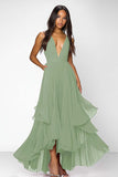 A Line Dusty Rose V-Neck Chiffon Ruffled Long Formal Dress