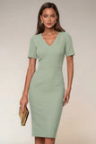 Navy Bodycon V Neck Short Sleeves Midi Work Dress