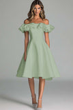 Dusty Rose Satin A Line Off the Shoulder Midi Graduation Dress with Ruffles