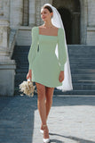 A Line Ivory Satin Short Wedding Dress with Sleeves