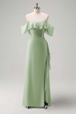 Light Green Ruffled Off The Shoulder Chiffon Bridesmaid Dress with Slit