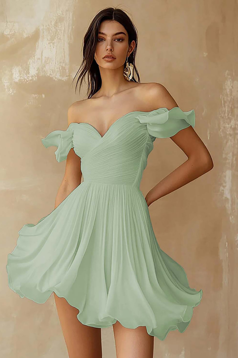 Chiffon Pleated A Line Off the Shoulder Mini Little White Dress with Ruffles Chiffon Pleated A Line Off the Shoulder Mini Little White Dress with Ruffles