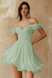 Chiffon Pleated A Line Off the Shoulder Mini Little White Dress with Ruffles