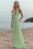 White Chiffon A Line V-Neck Long Rehearsal Dinner Dress