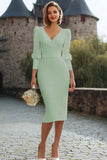 Midi Ivory V-Neck Bodycon Engagement Dress with Sleeves