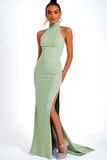Dark Navy Satin Sheath High Neck Long Wedding Guest Dress with Slit