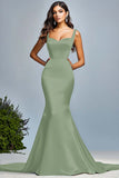Dusty Sage Satin Mermaid Spaghetti Straps Maxi Prom Dress