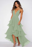 Dusty Rose A Line V-Neck Long Chiffon Formal Dress with Ruffles